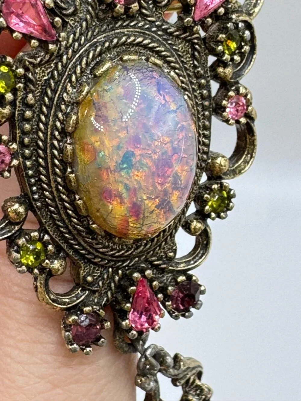 Sarah Coventry Contessa Pin Earring Set Foil Glass Faux Opal Rhinestone 1974
